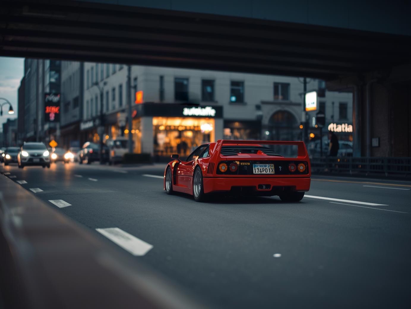 Ferrari F40 driving near a future AUTOKAFFE café concept